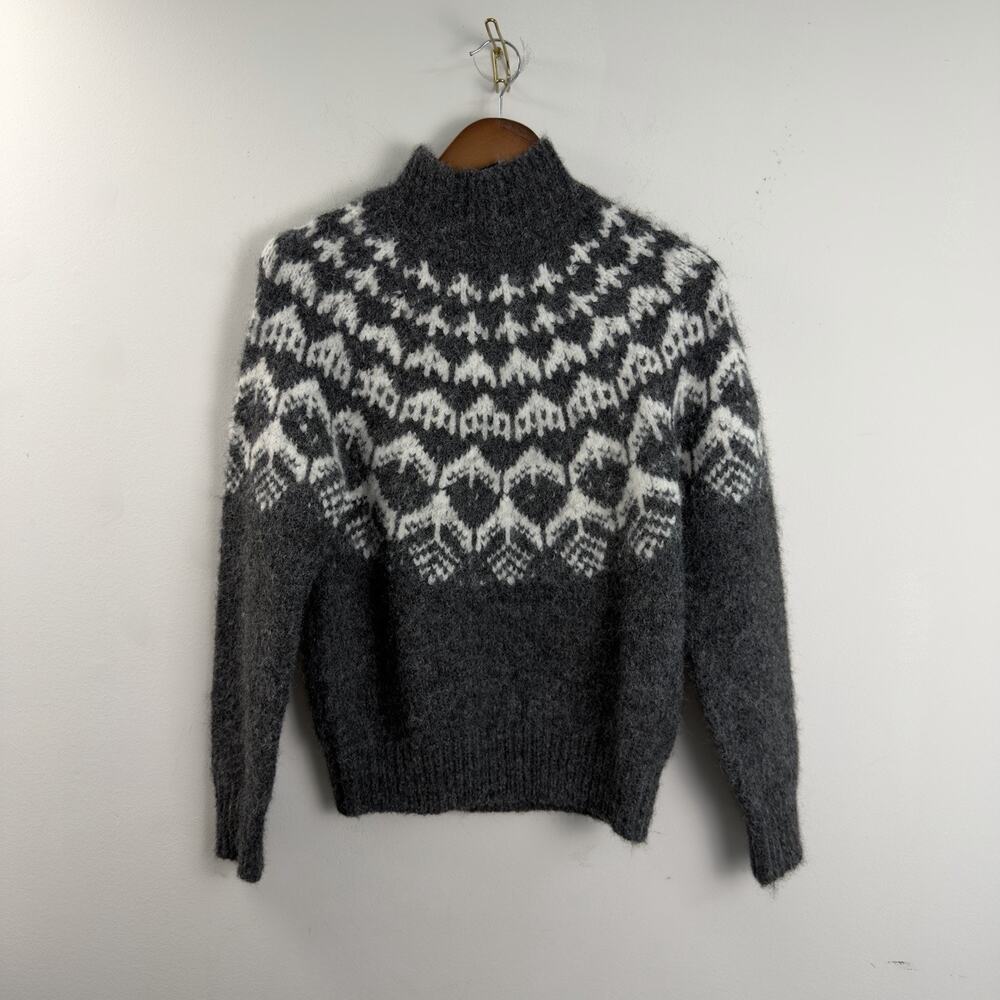 Joie Fair Isle Mock Neck Wool Blend Sweater Grey White XSmall